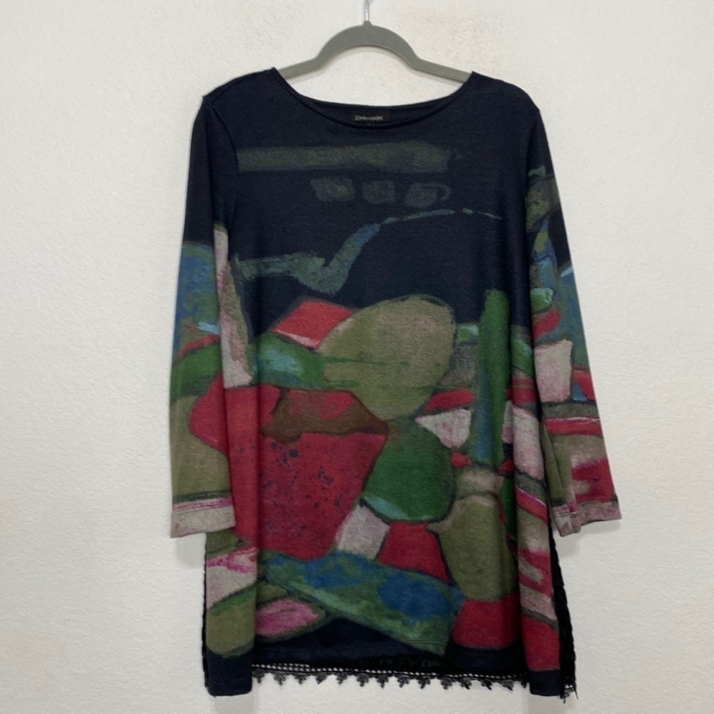 John Mark Abstract Mixed Media Animal Print Lace Hem Long Sleeve Tunic Size M